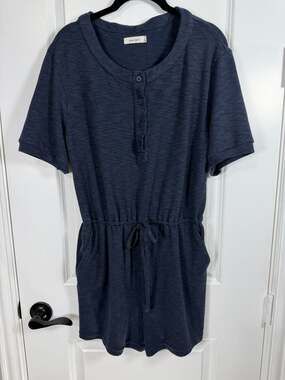 MOD REF Women's Navy Knit Button-Front Henley Short Sleeve Romper